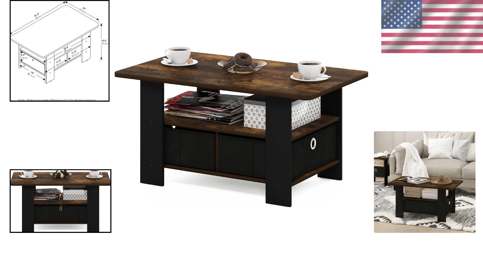 Chic Coffee Table with 2 Bin Drawers – Amber Pine/Black Finish, Durable Design