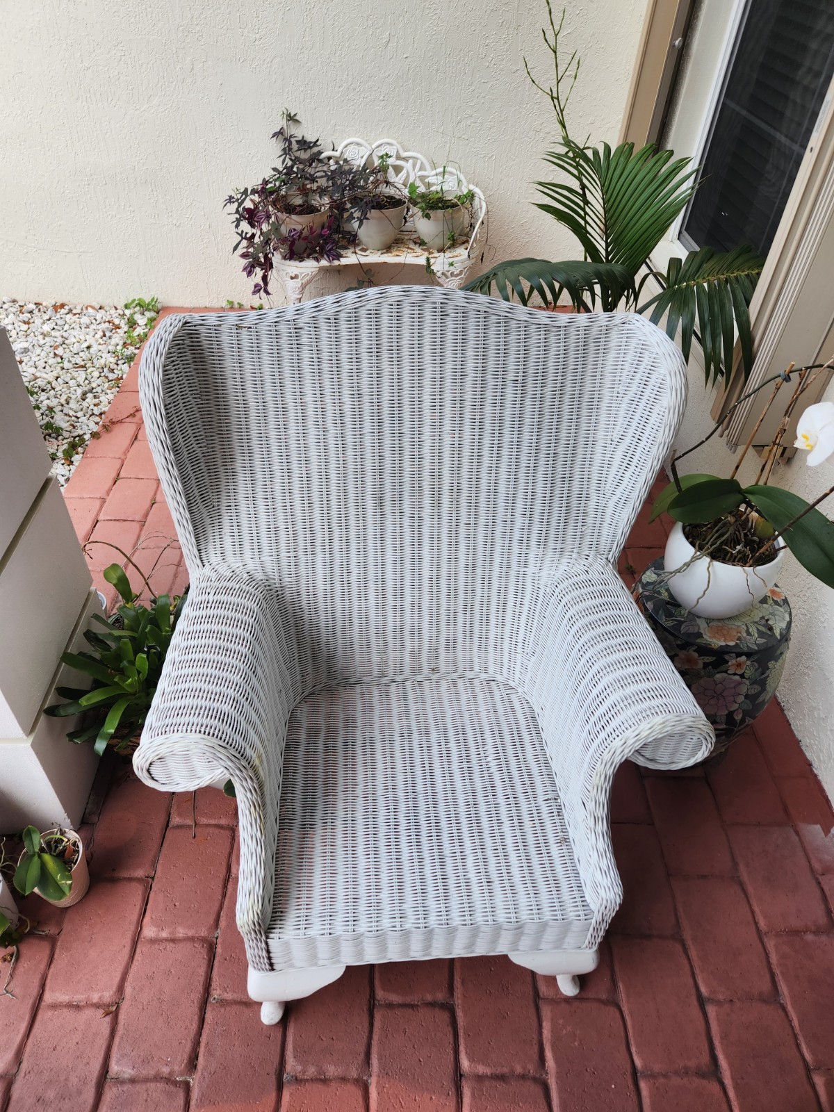 Antique White Wingback Wicker Rattan Chair