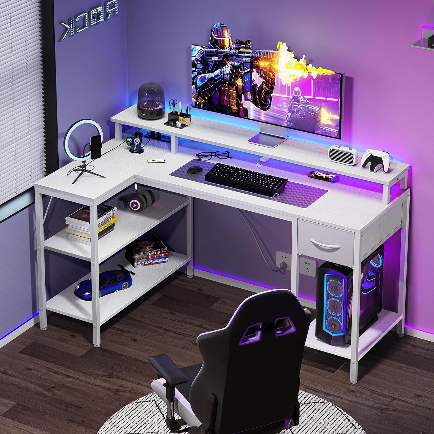 DUMOS 47″/53″ L Shaped Gaming Desk w/LED Light&Monitor Stand Shelf&Power Outlets