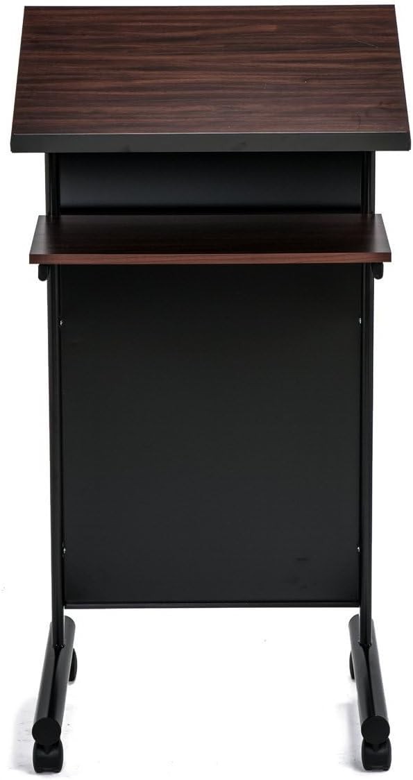 Wheeled Lectern Podium Standing Desk W/ Storage Shelf Cherry/Black Ideal
