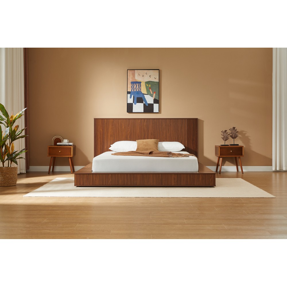 Low Profile Walnut Solid Wood Platform Bed Frame Modern Japandi Floor Bed Frame