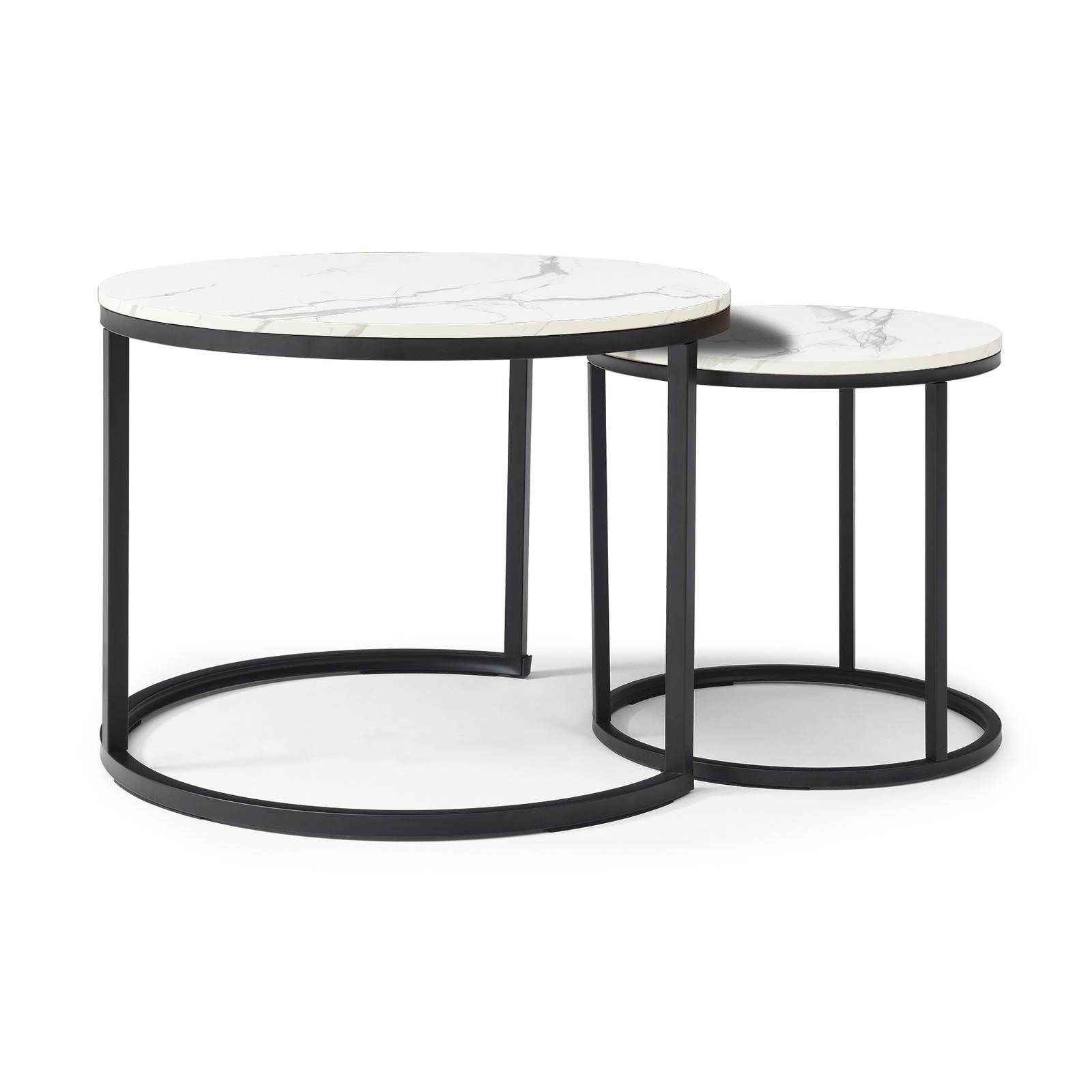Nesting Round Coffee Table Set with White Gray Marble Top and Black Metal Frame