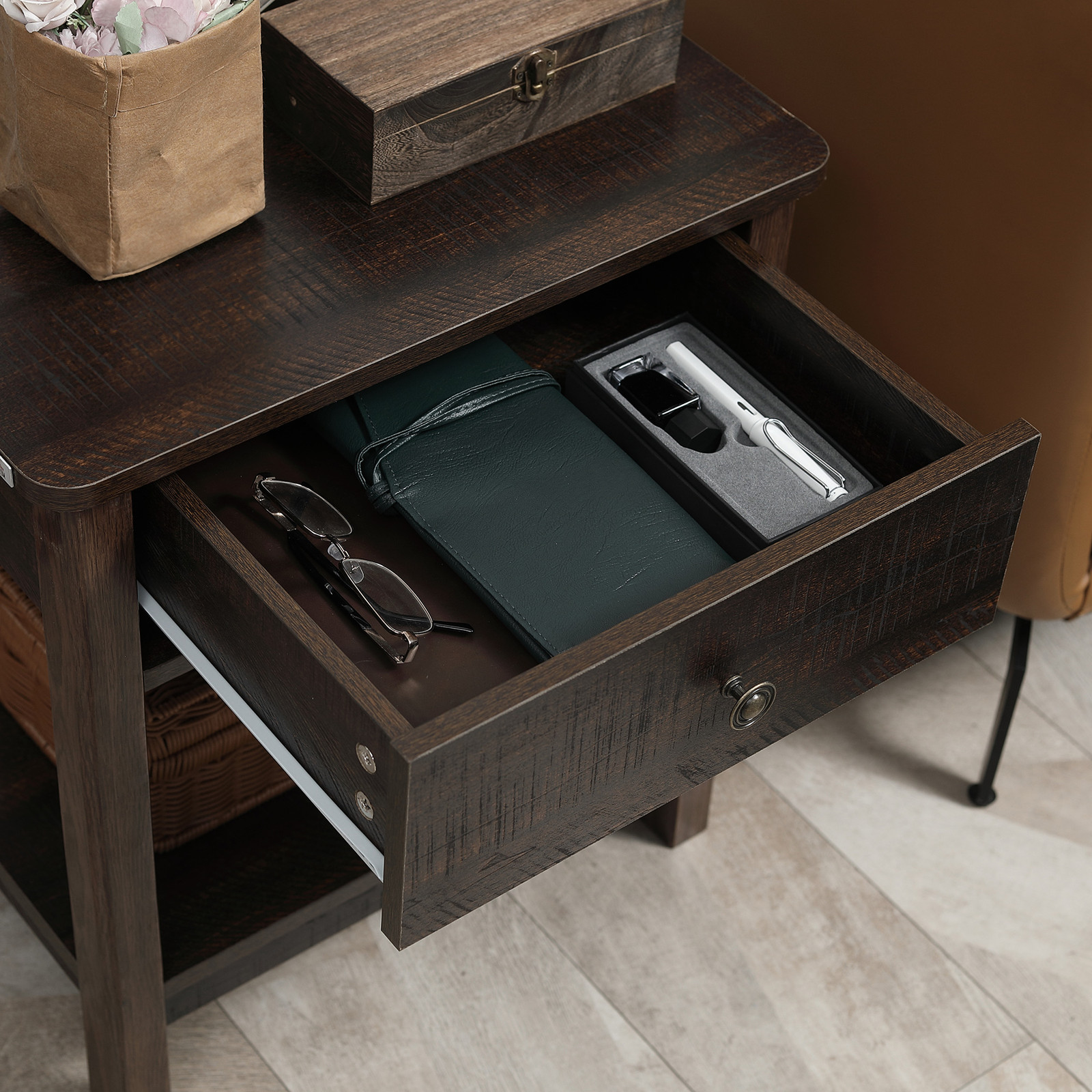End Table with Drawer, Side Table with Bottom Shelf for Living Room