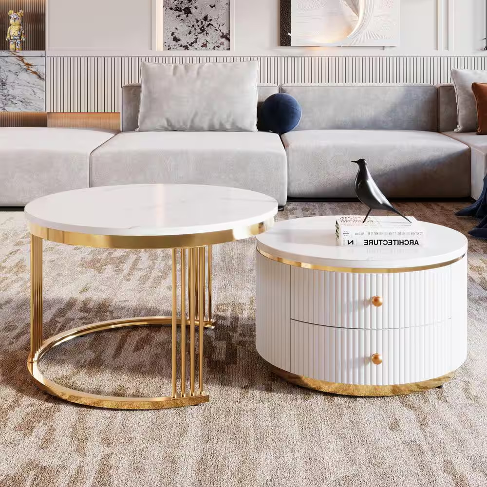 Modern 27.6 In. White and Gold Wood Nesting End Table Coffee Table with Drawers