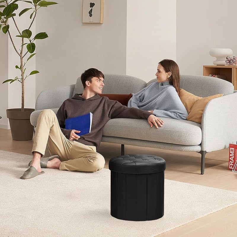 Round Folding Storage Ottoman Foot Stool with Thicker Foam Padded Seat Black