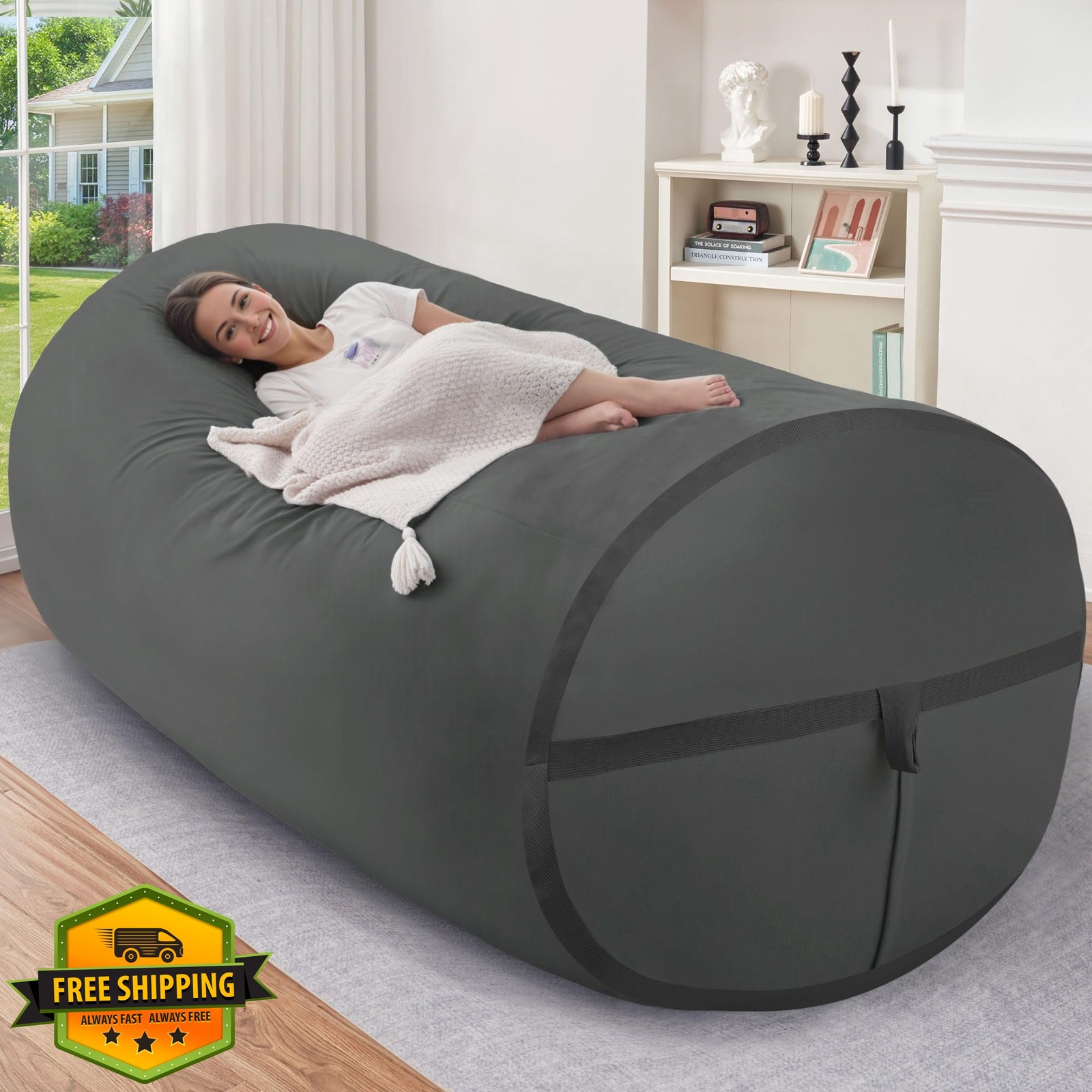 HABUTWAY 6ft Giant Bean Bag Chair Adult Memory Foam Dutch Velvet Dark Grey