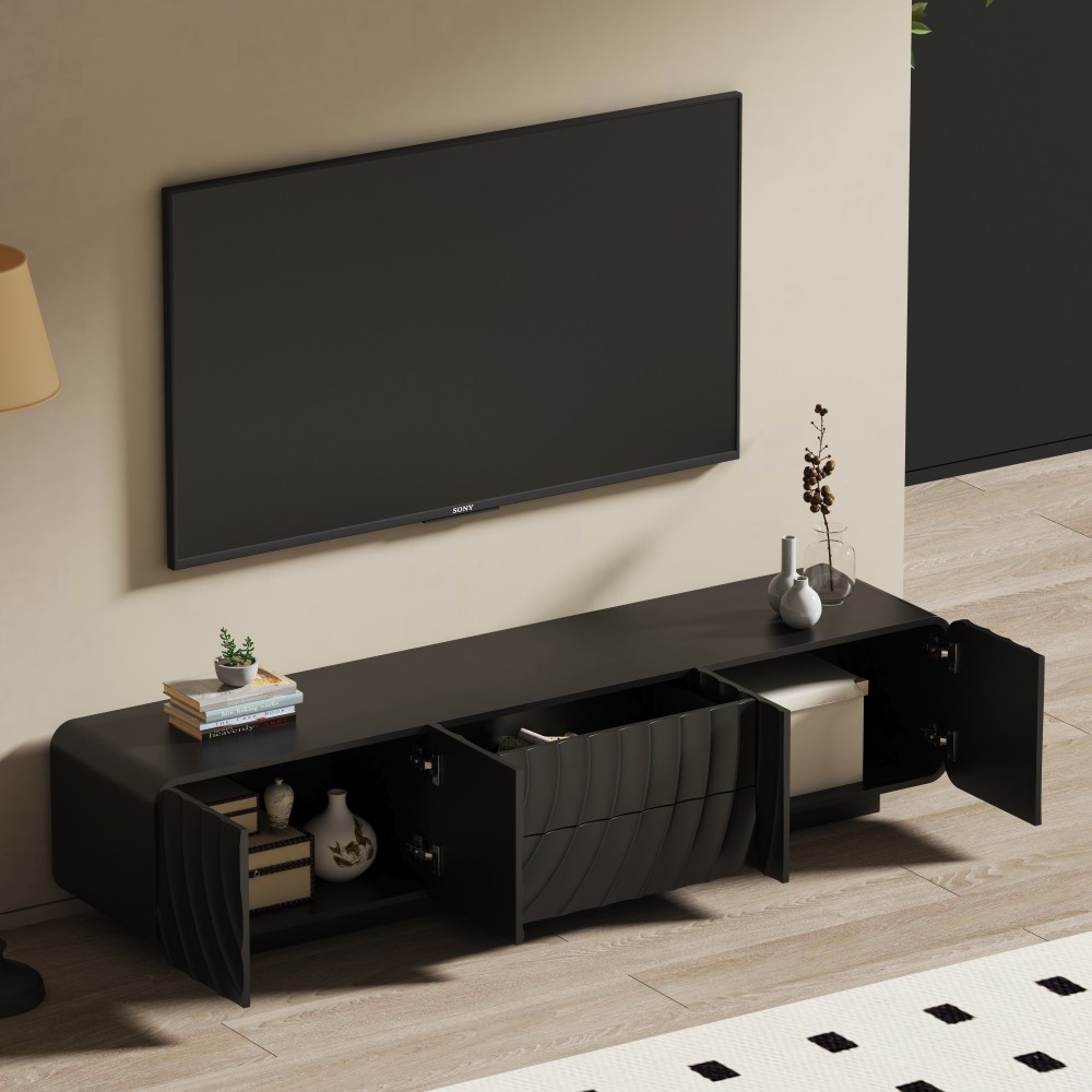 70”Tv Console With Modern Unique Spiral Wave Design With Storage Cabinet