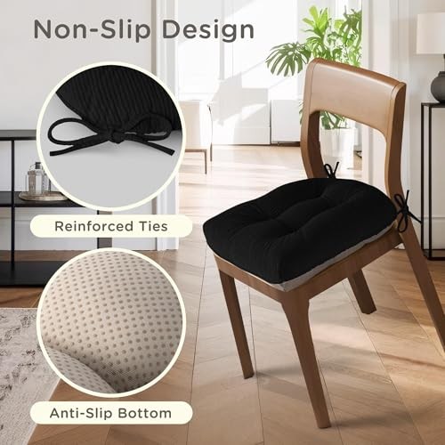 Kitchen Chair Cushions Set of 18″X16.5″, 3″ Thick | Non-Slip, with 2 Black