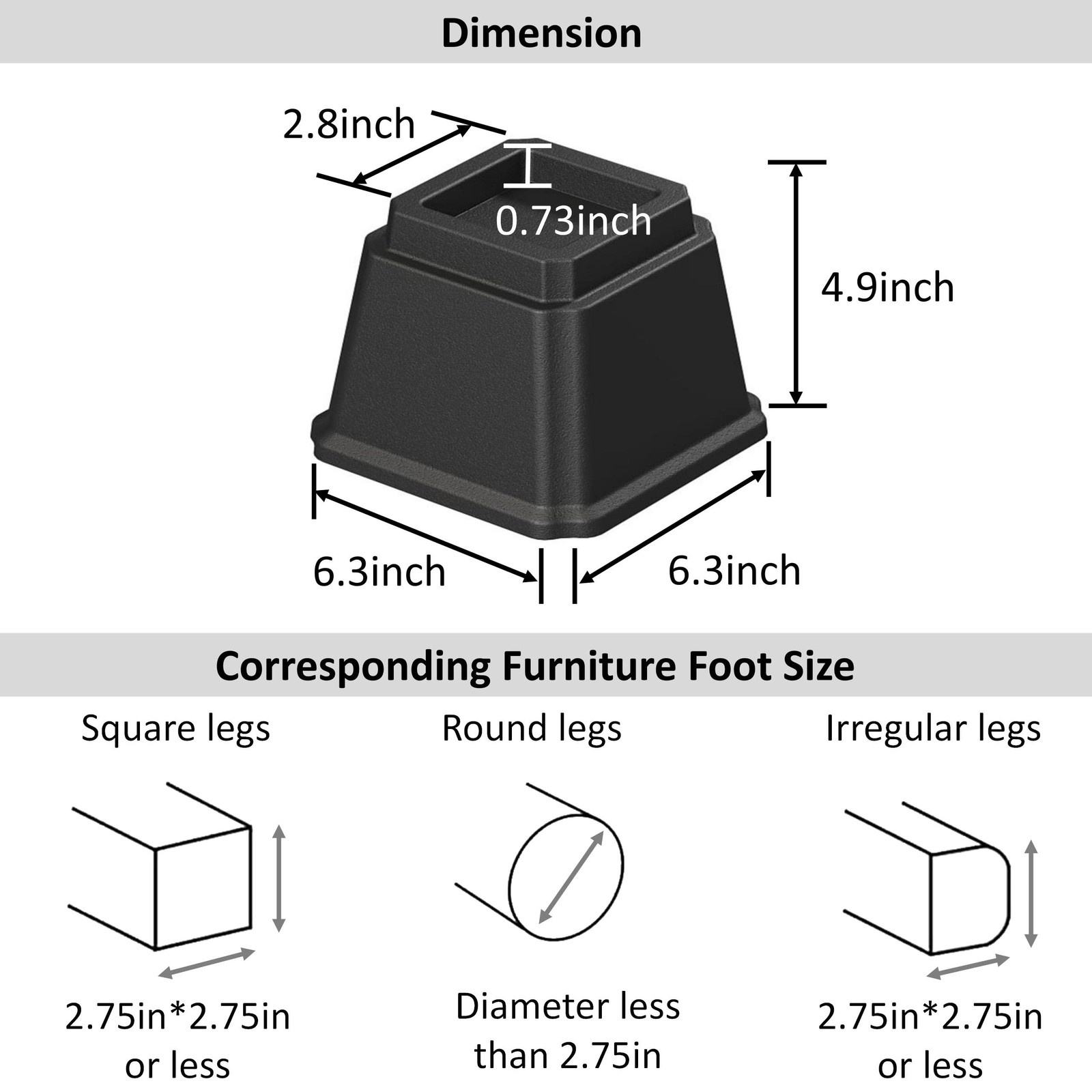 4 Inch Heavy Duty Black Square Stackable Bed Furniture Risers 3000lbs 6 Pack