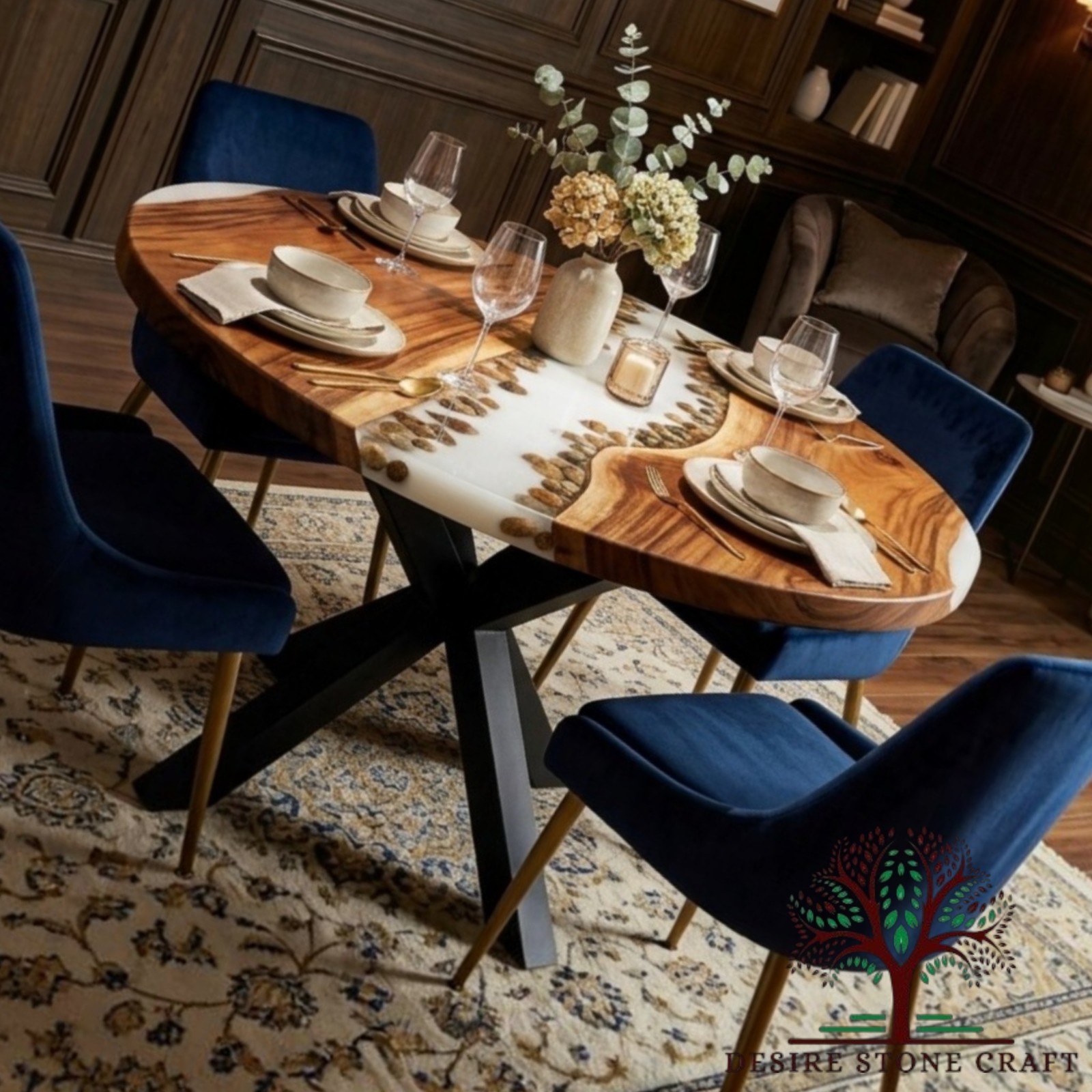 Handcrafted Round Live Edge Wood Dining Table | White Epoxy Resin River Table