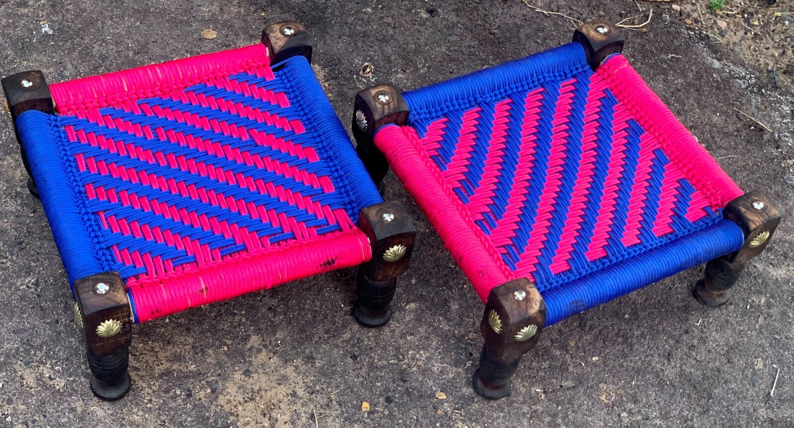 Pink blue wooden hand woven stool brass fitted wood table weaving footstool pair