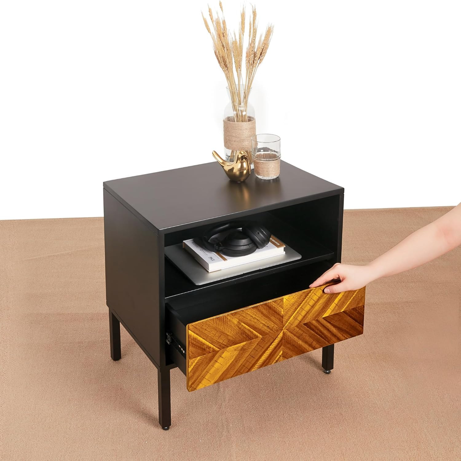 Rustic Herringbone Wood Nightstand – Easy Assembly, Golden Brown & Black Finish