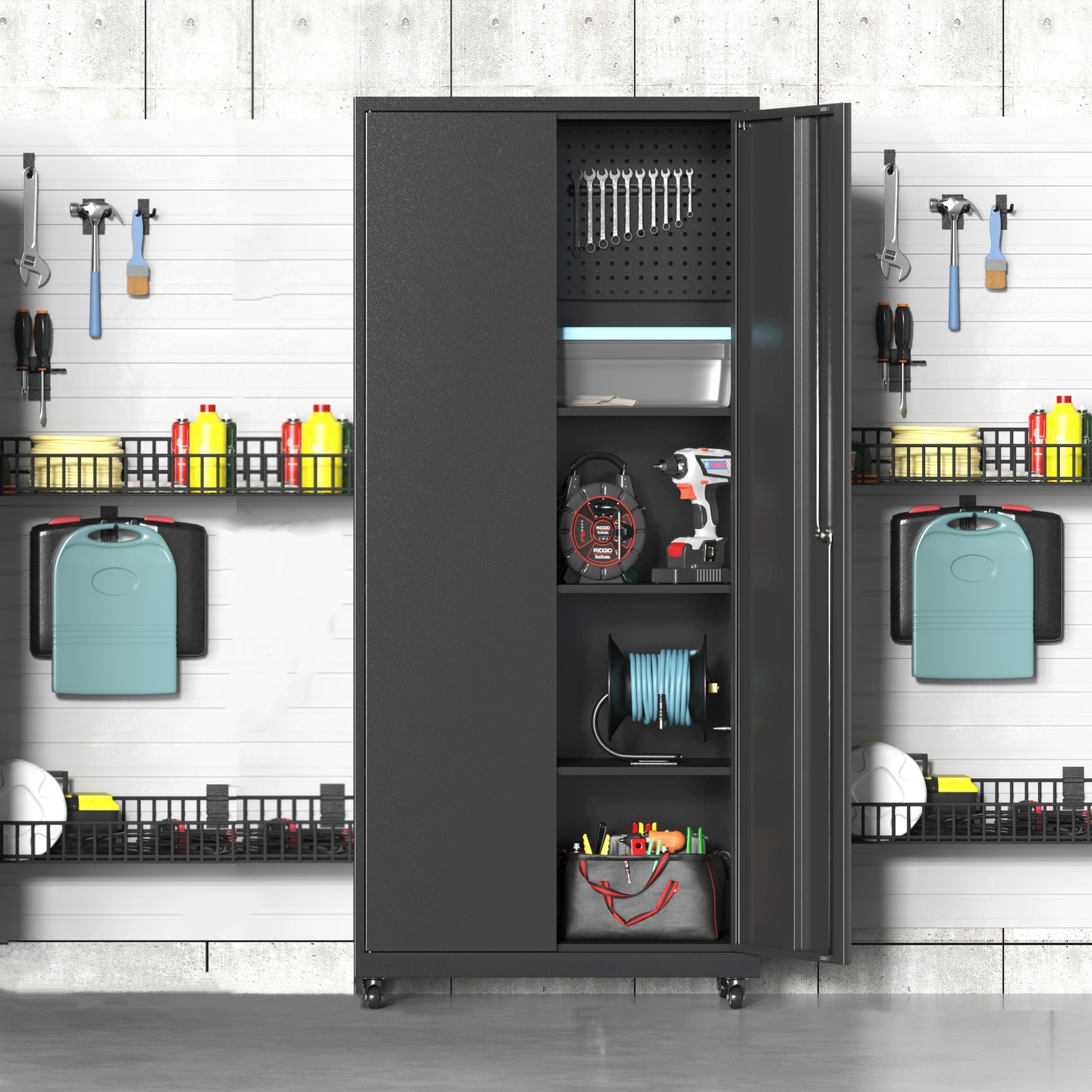 71”H Metal Garage Storage Cabinet w/3 Shelves, Lock Rolling Tool Cabinet Office