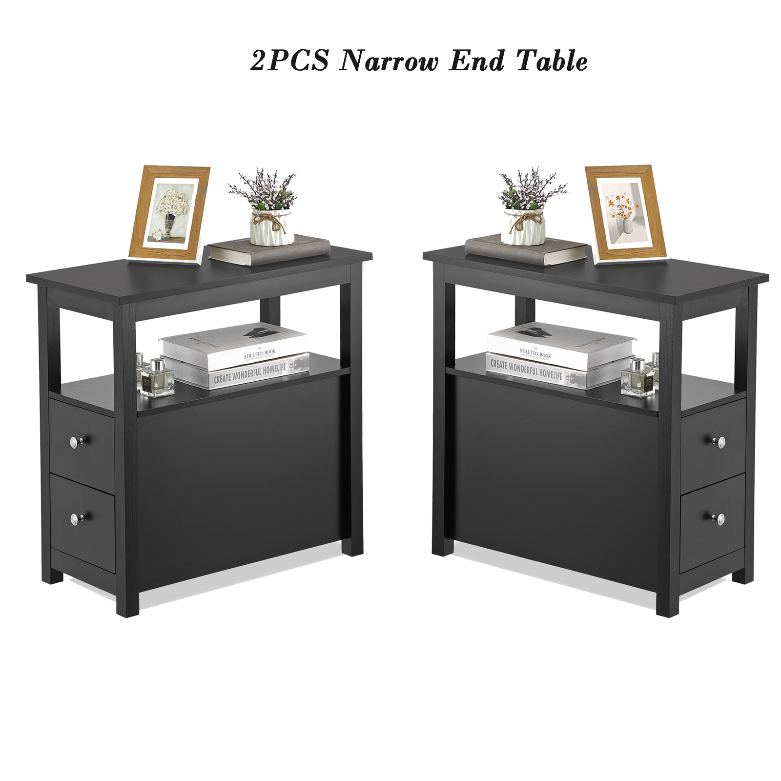 Set of 2 End Tables 3 Tier Narrow Side Table w/ 2 Drawer and Storage Shelf Black