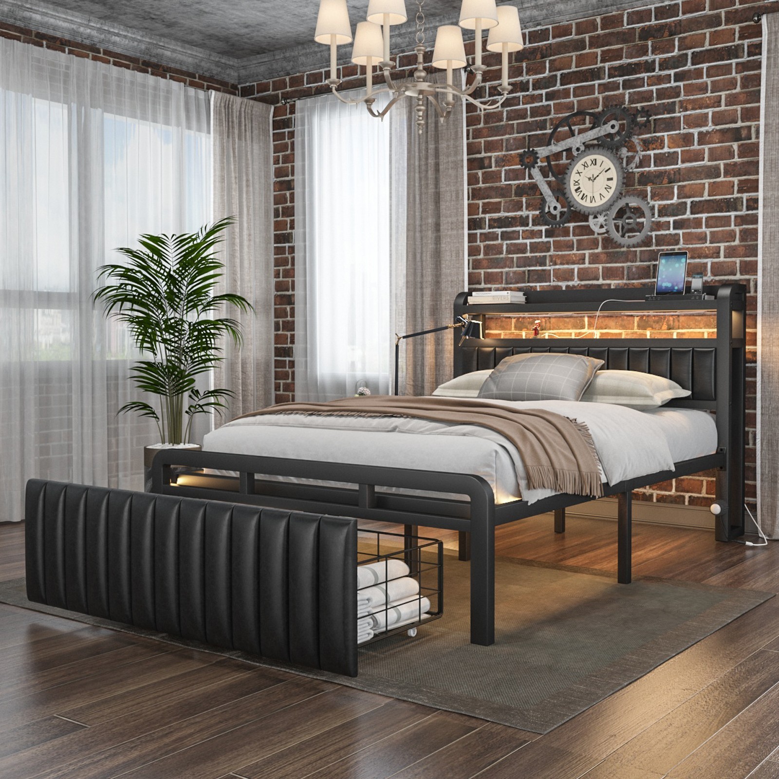 Full Queen Size Bed Frame with Charging Storage Headboard&Drawers&LED Lights
