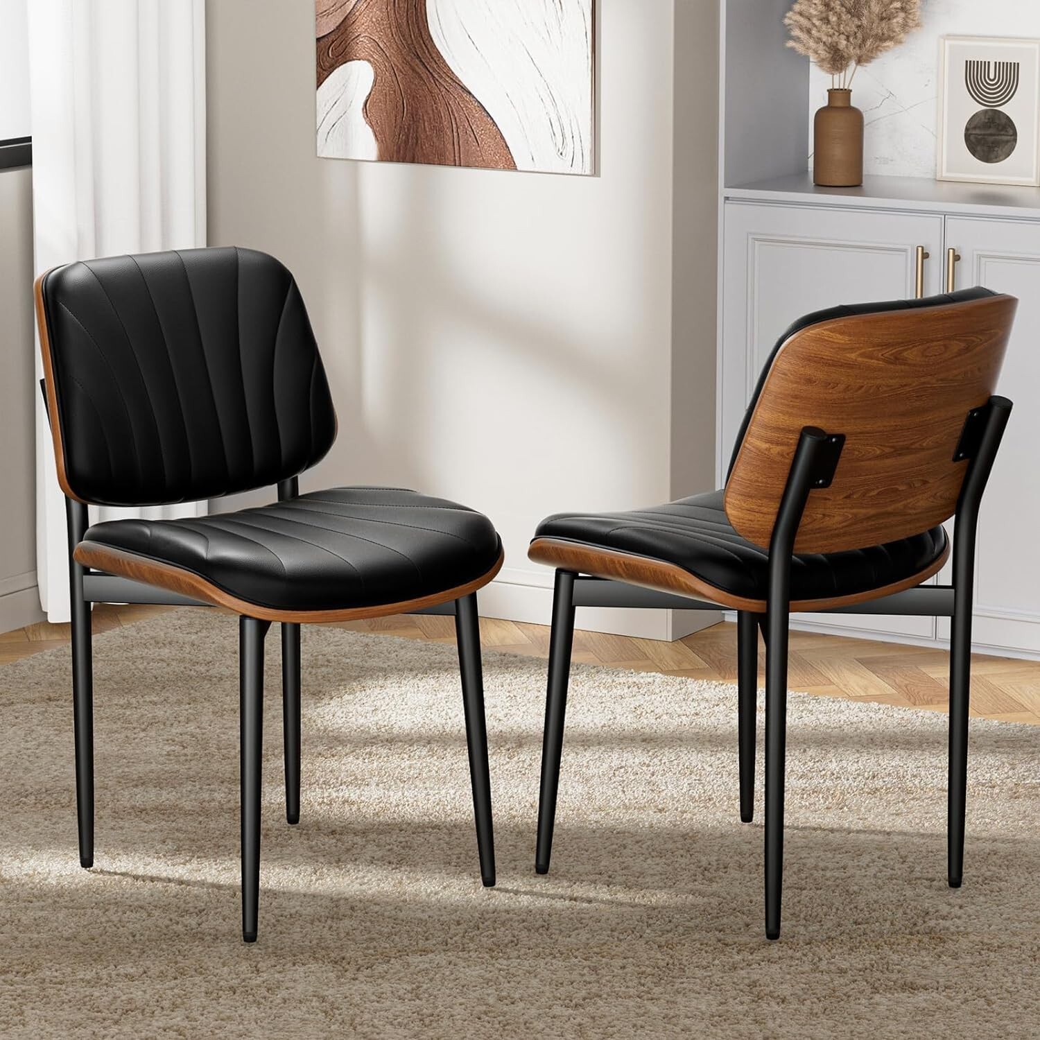 Dining Chairs Set of 2 Mid-Century Modern Upholstered PU Leather with Back Black