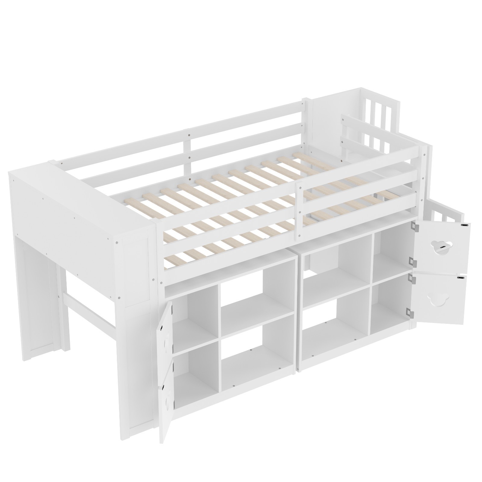 Twin Size Low Loft Bed With Shelves,Storage to Headboard and Stair, Grey