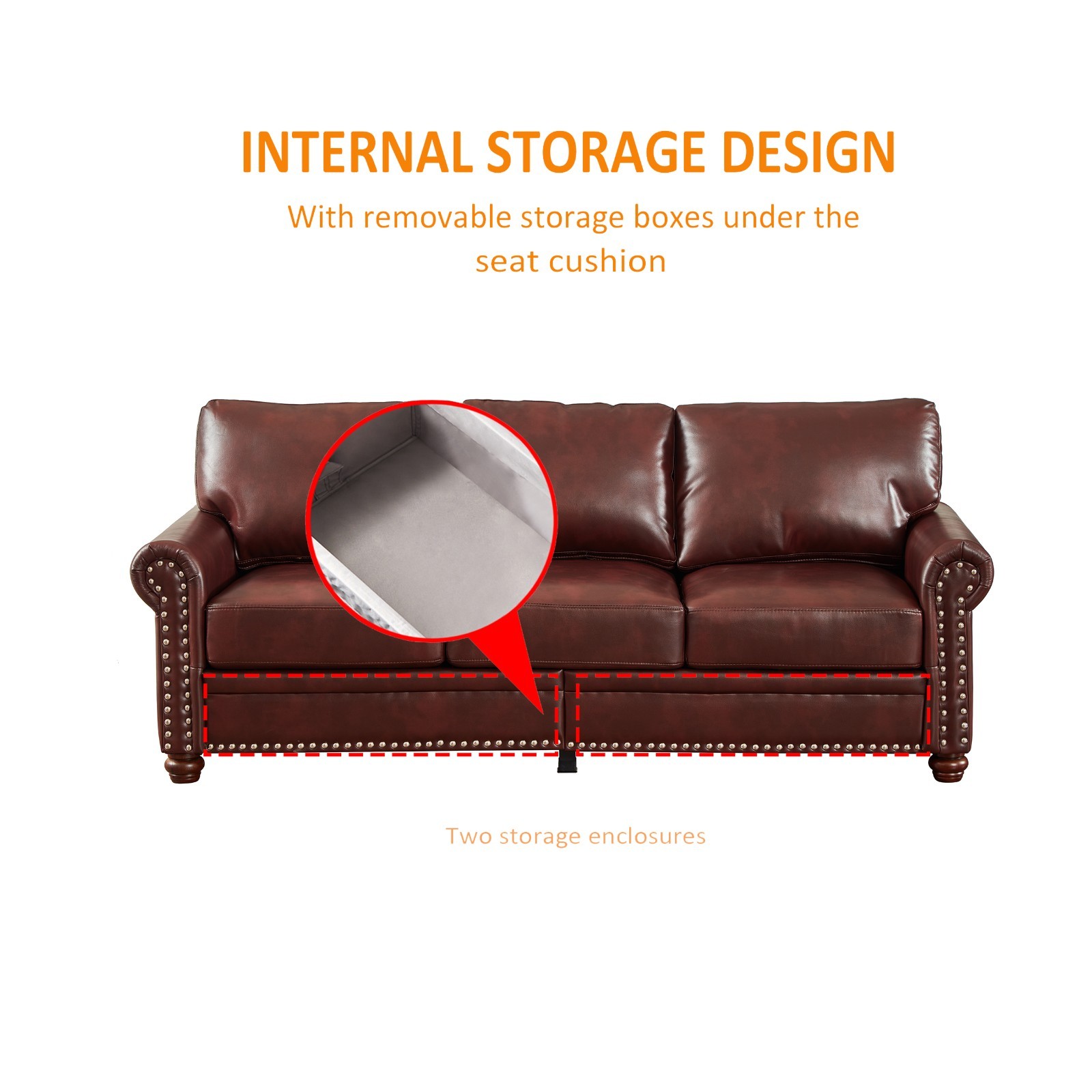 Faux Leather 3 Pieces Sofa Set Couch Loveseat Armchair w/ Nailhead Tirm Storage