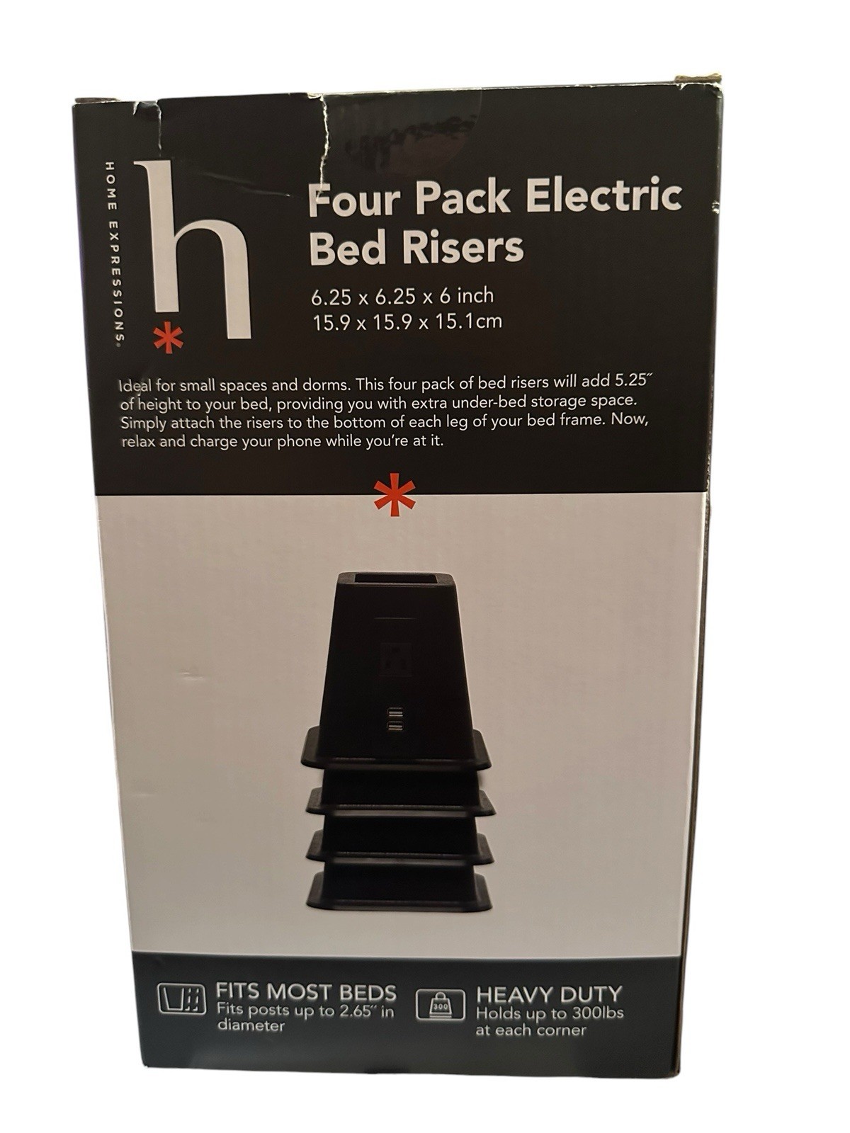 4 – 6” Bed Risers With USB Ports & Outlets, Heavy Duty Holds Up To 300 Lbs Each