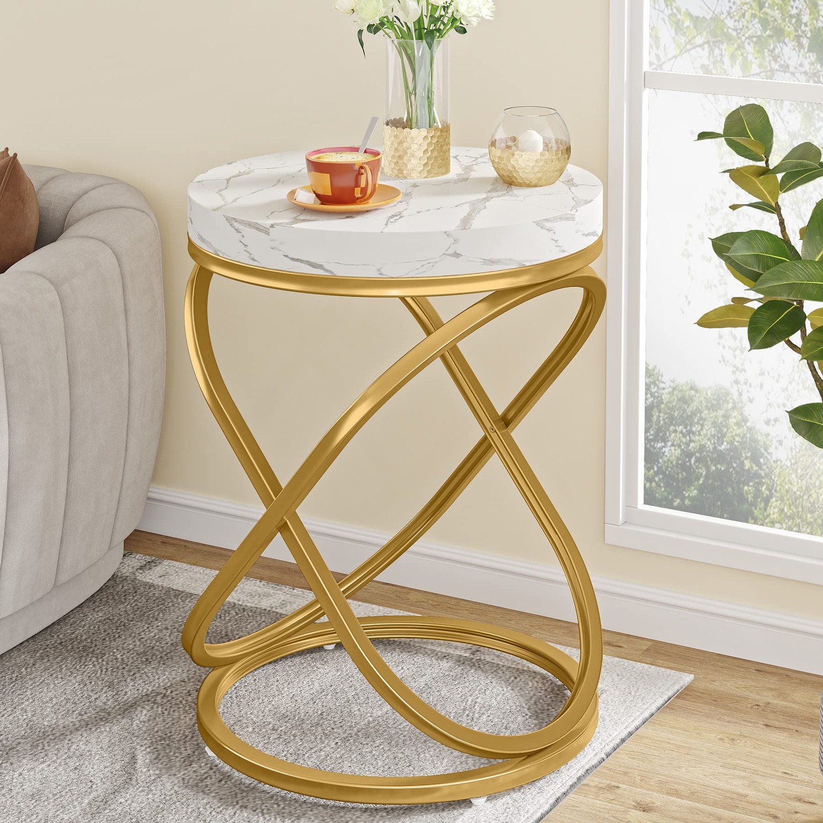 26 Inch White Gold Faux Marble End Table Round Nightstand Double X-Shaped Ring