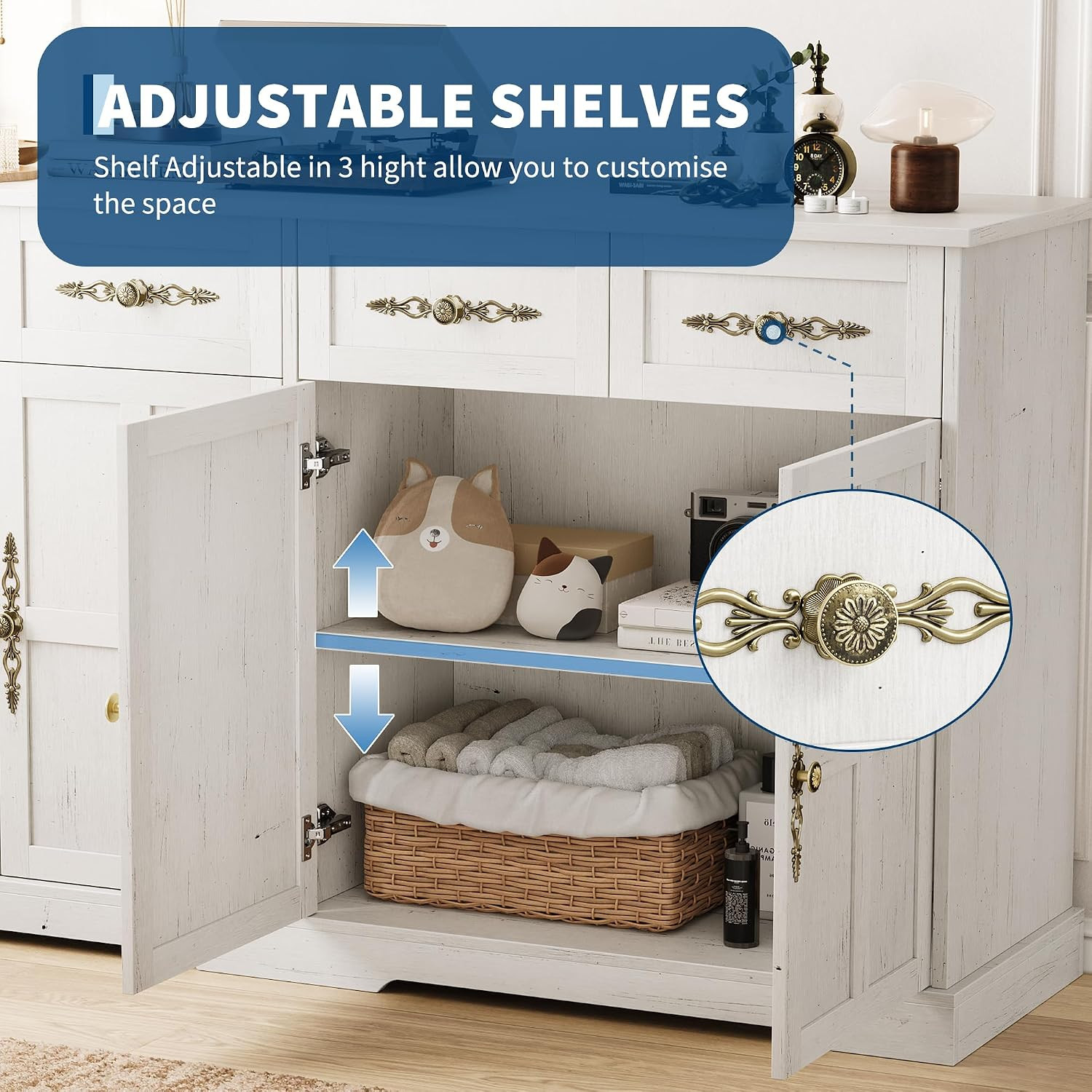 Modern 60″ White Sideboard Buffet Cabinet with 4 Drawers & Gold Handles