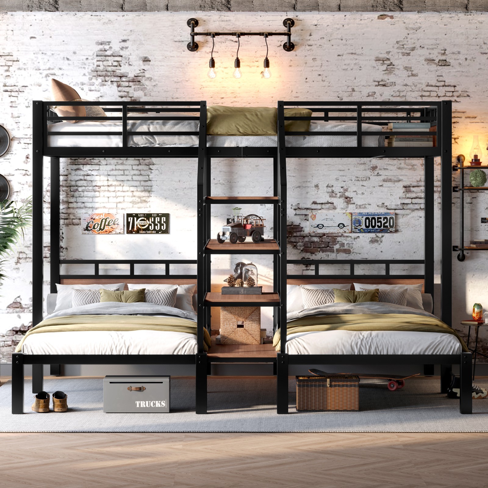 Twin/Queen over Twin over Twin Metal Bunk Bed Triple Bunk bed w/Storage Shelves