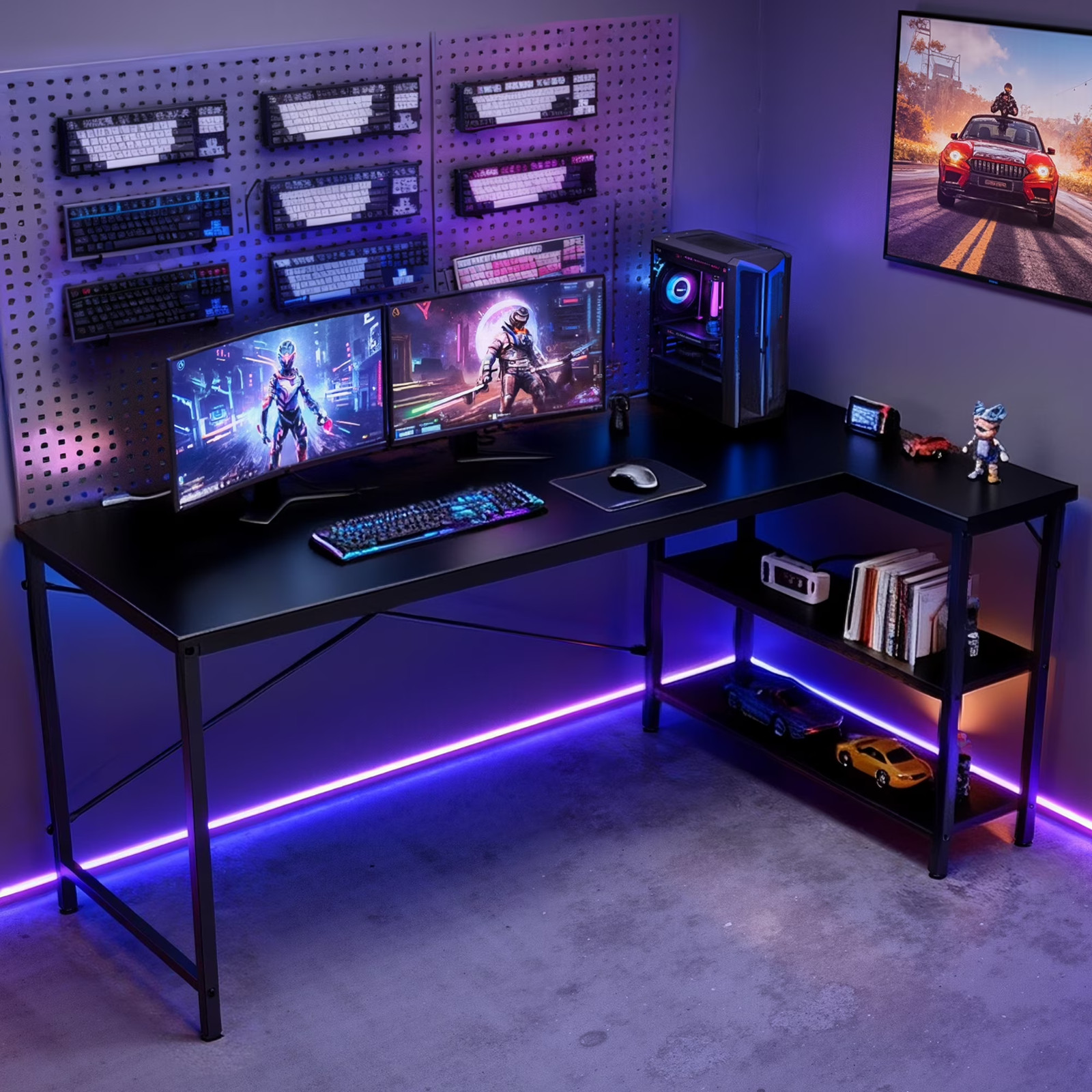 47″ L-Shaped Computer Desk with Reversible Storage Shelves and PC Stand, Corner