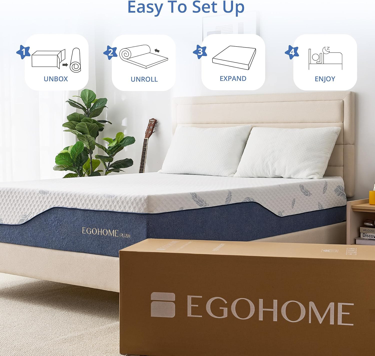 EGOHOME Plush Queen Mattress 14 Inch Memory Foam Mattresses Bed in a Box with Ge
