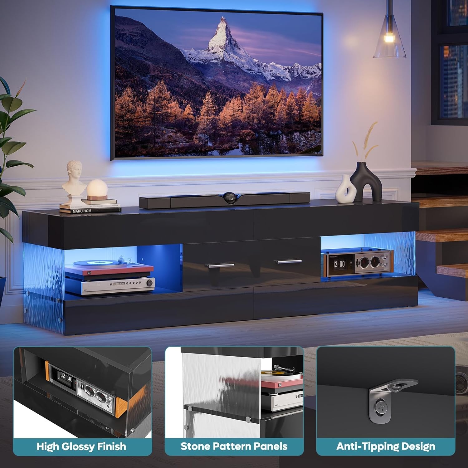 Black TV Stand for 55/60/65 Inch TV, High Gloss Modern TV Stand with