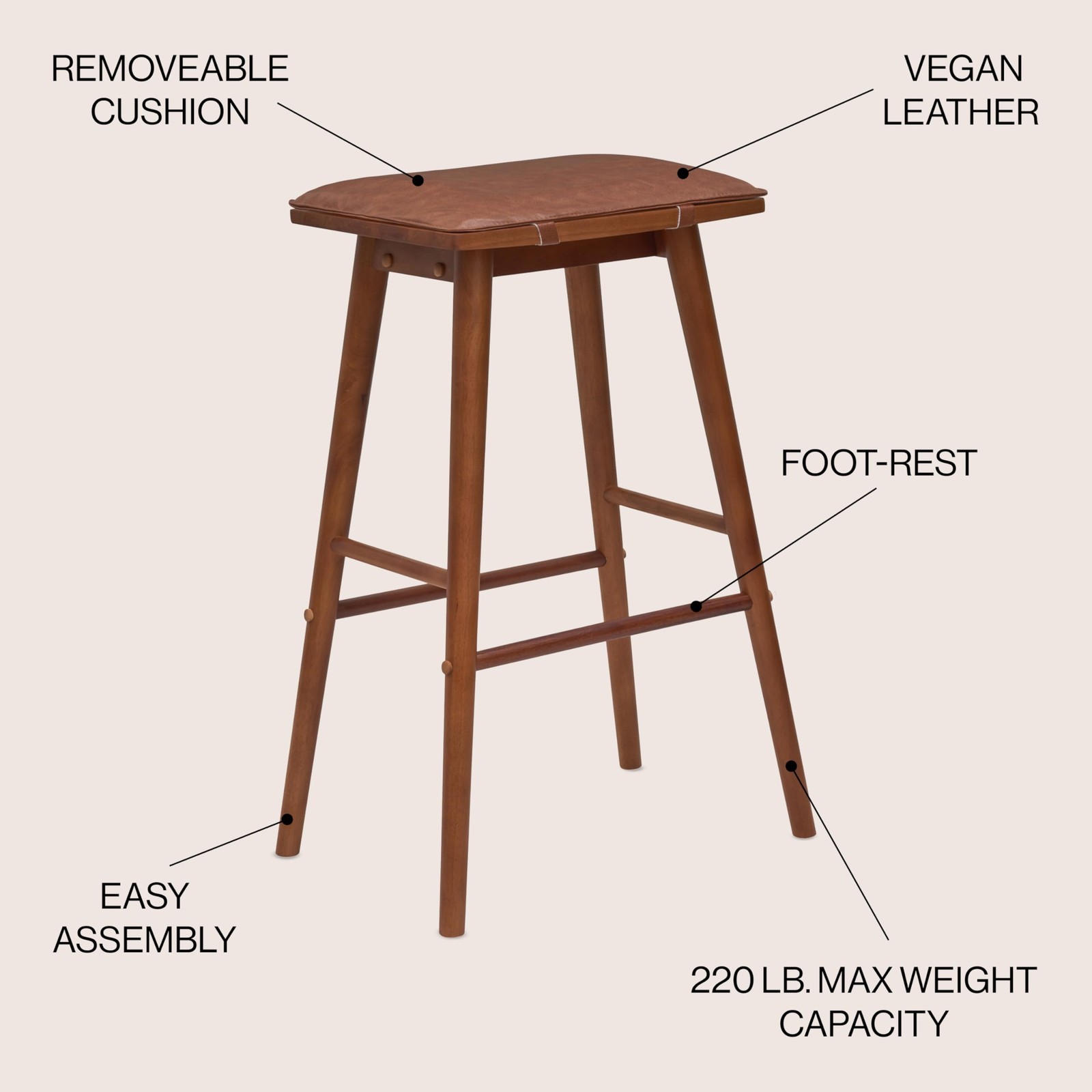 Peroni Solid Wood and Vegan Leather Backless Bar Stool, 30.5″ MidCentury Bar …