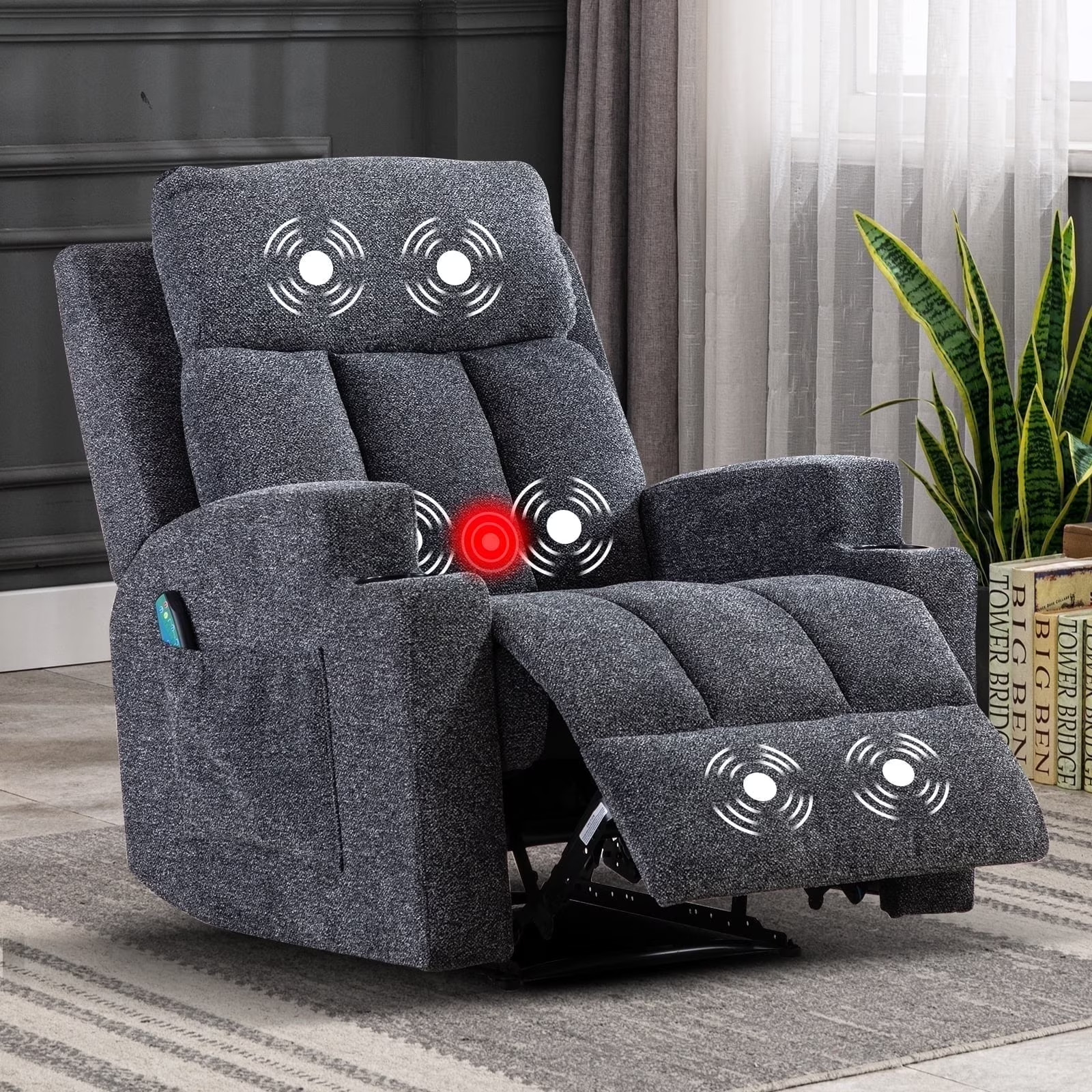 EBELLO Manual Recliner Chair w/ Massage & Heat Soft Fabric Home Theater Seating