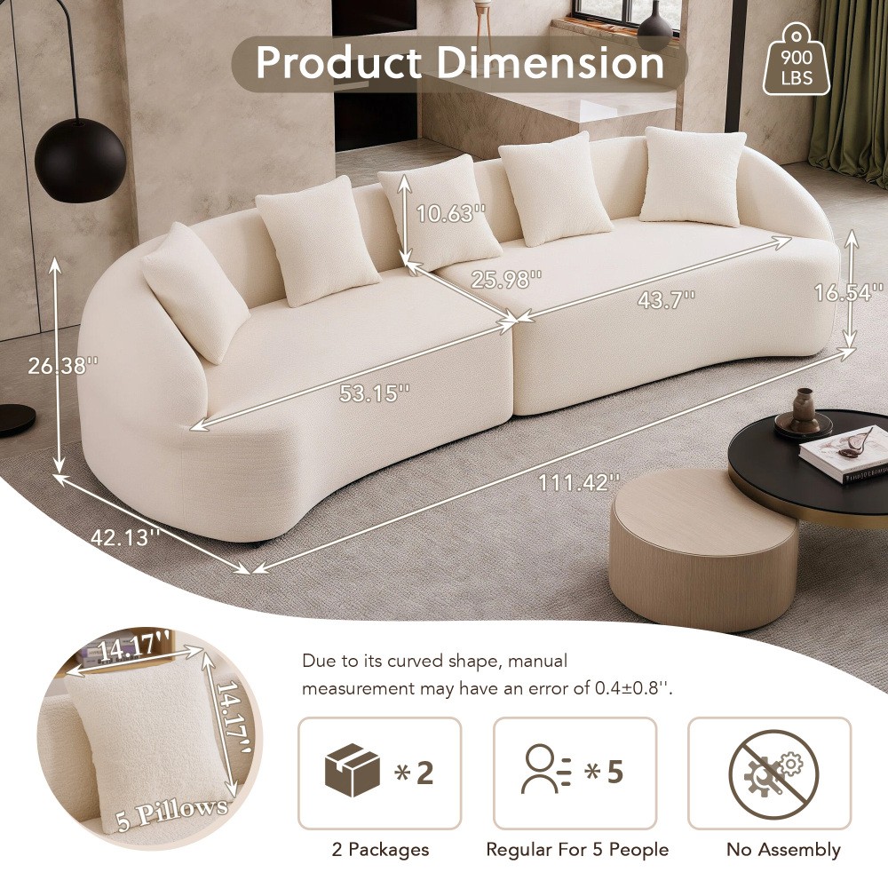 110″ Curved Sofa Sleeper Sectional, Chenille Pillow Back, No Assembly Req