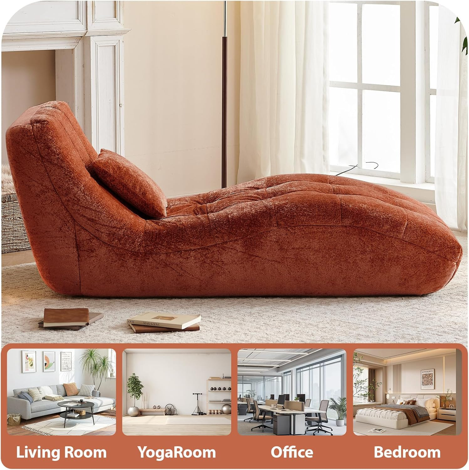 Modern Curved Back Chaise Lounge Chair Upholstered Recliner Sofa – Orange