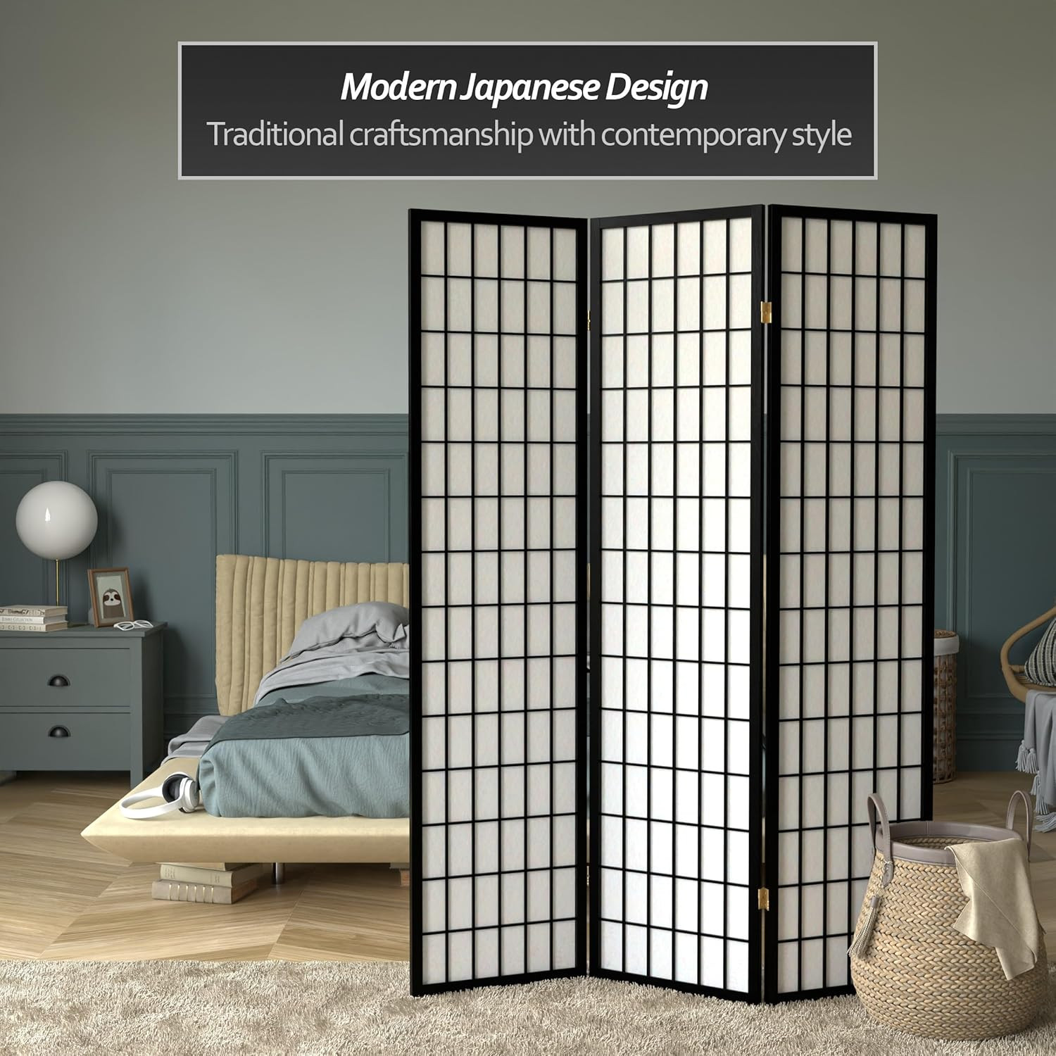 Black 6 Ft Tall 3-Panel Window Pane Shoji Screen Room Divider