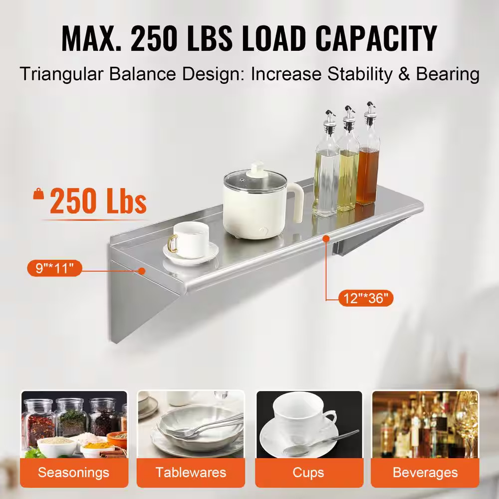 12 In. X 36 In. Stainless Steel Wall Mounted Shelf, Floating Shelving with Brack
