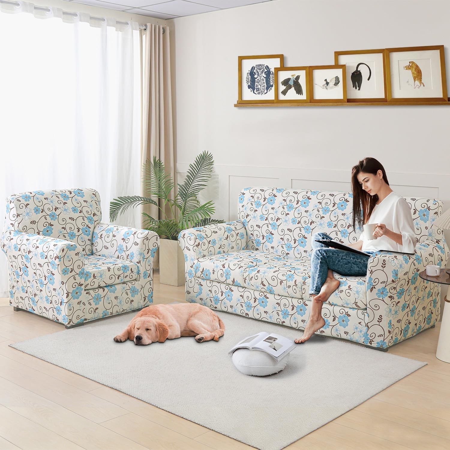 Stretch Printed Sofa Cover Couch Covers, 2-Piece Armchair Cover with Separate…