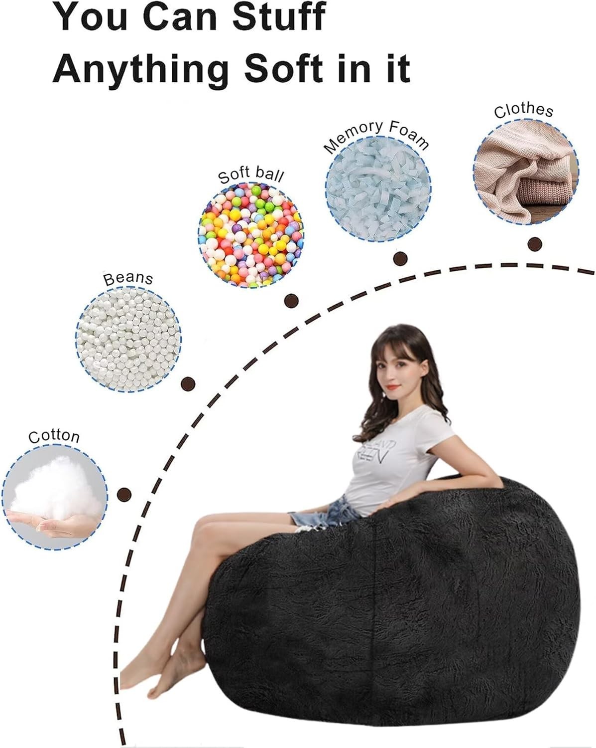 Giant 6FT Black Bean Bag Chair Cover for Comfy Relaxation, Adults & Kids