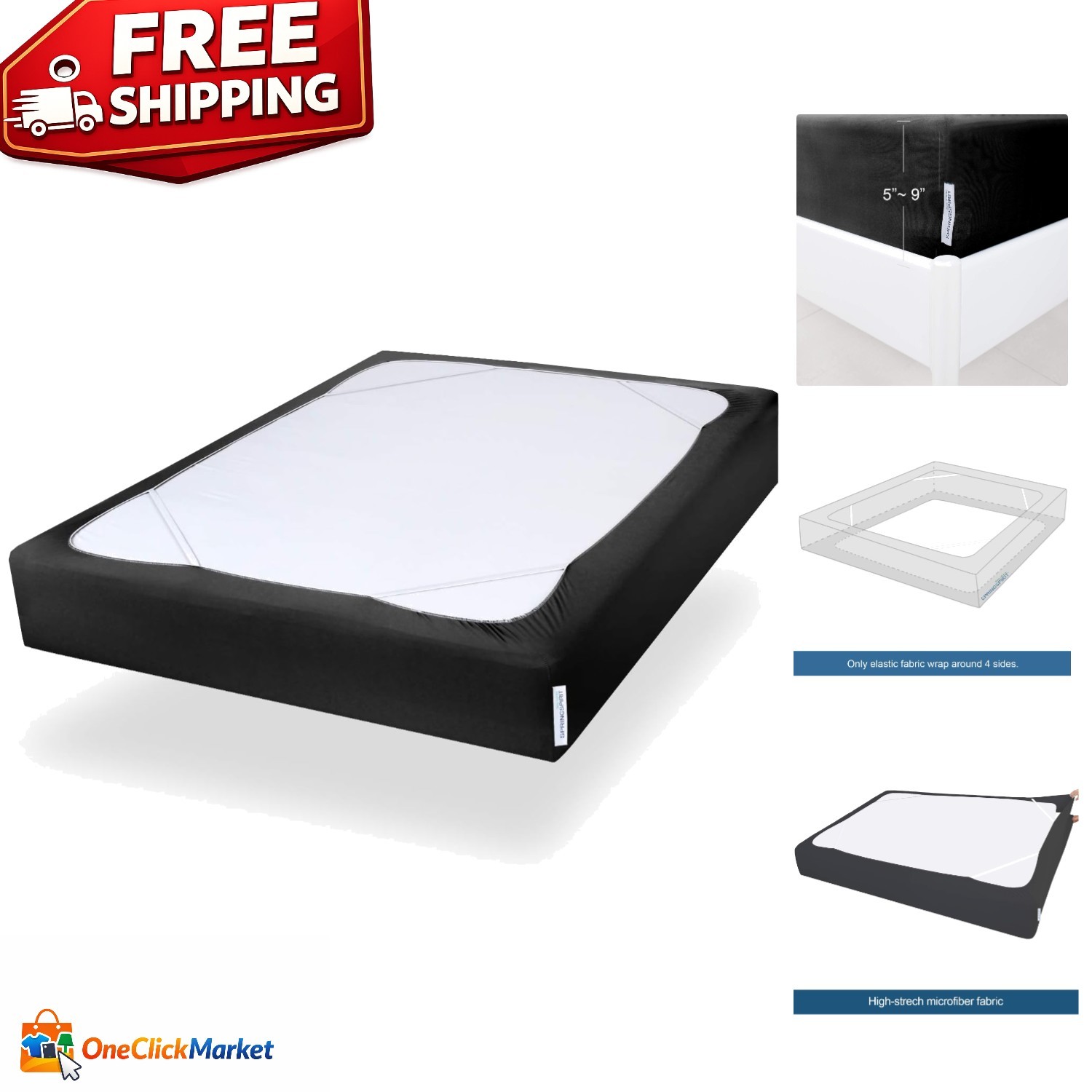 Elegant Queen Size Box Spring Cover – Dustproof & Washable – Black Microfiber