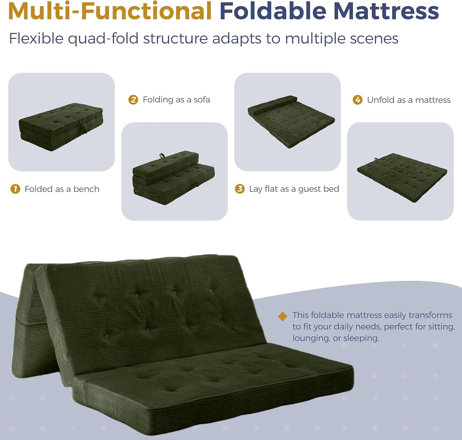 Foldable Sofa Couch Bed, 4 Inch Tufted Folding Couch, Portable Floor Couch with