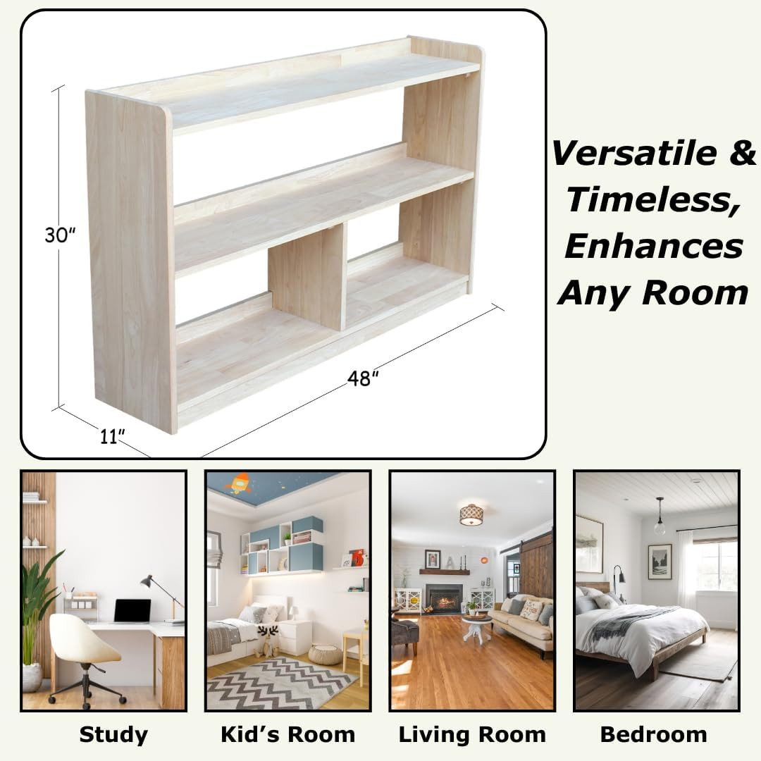 , Abby Divided Bookcase, Solid Real Wood, Sturdy Parawood, Dimensions 11″D X 48″