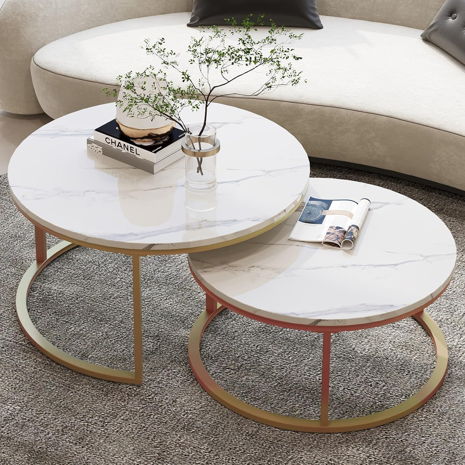 Round Nesting Coffee Tables Set of 2 34 26 Inch Faux Marble Gold Frame