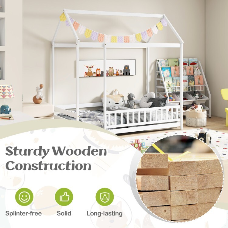 Twin Size Kids House Shaped Bed Wooden Floor Bed w/ Full-length Safety Guardrail