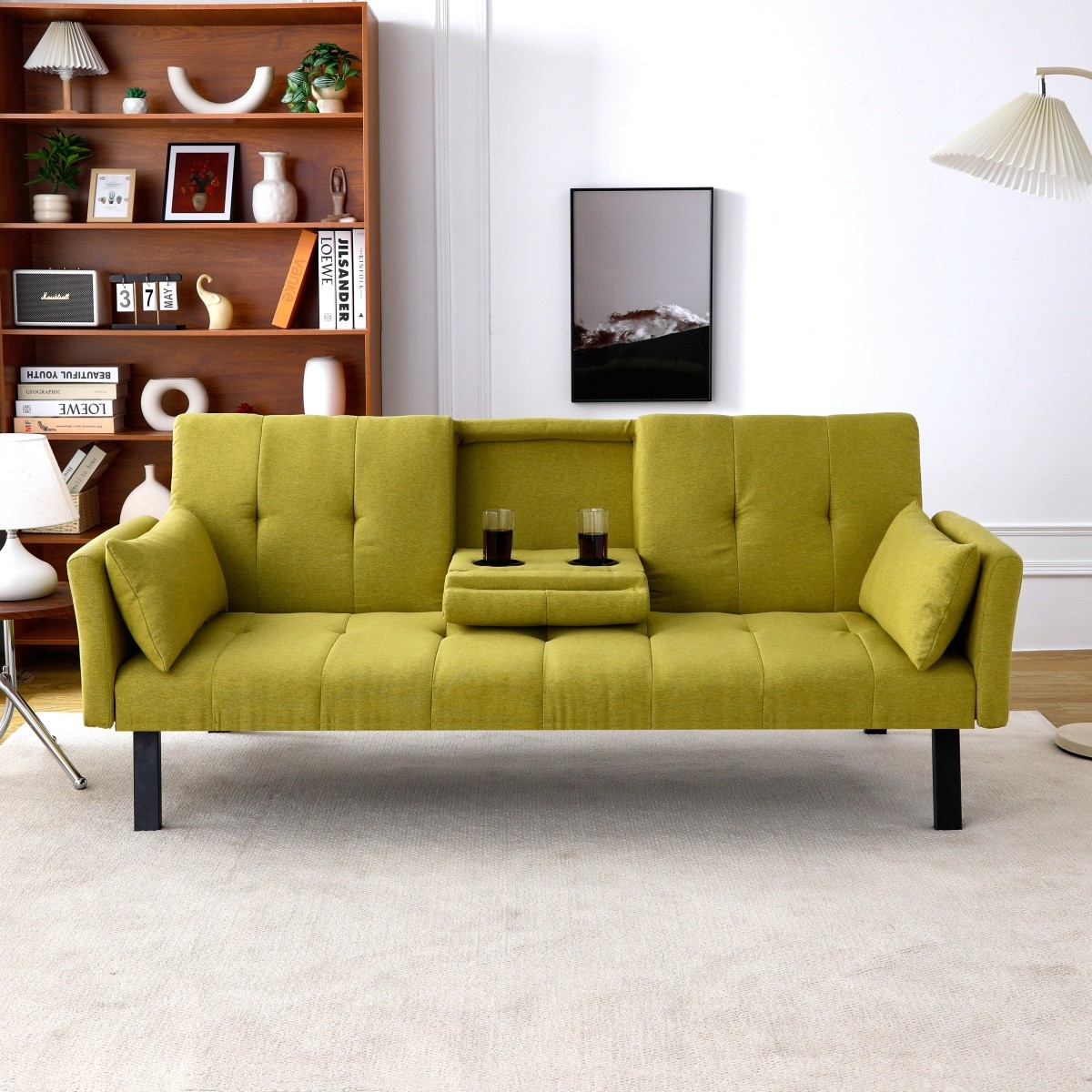 70″ multi-functional cotton and linen sofa bed: foldable +cup holder Green
