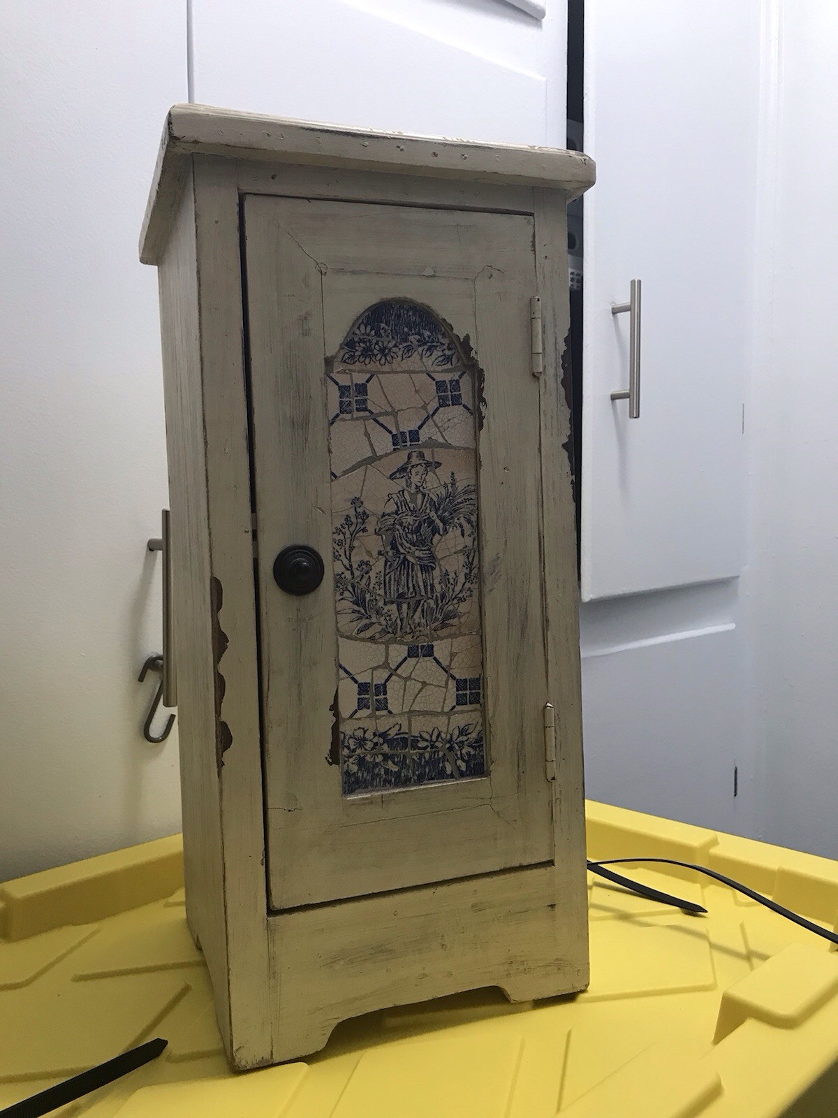 Vintage Tabletop Cabinet Delft Mosaic Tile Shabby Chic French Cottage Decor