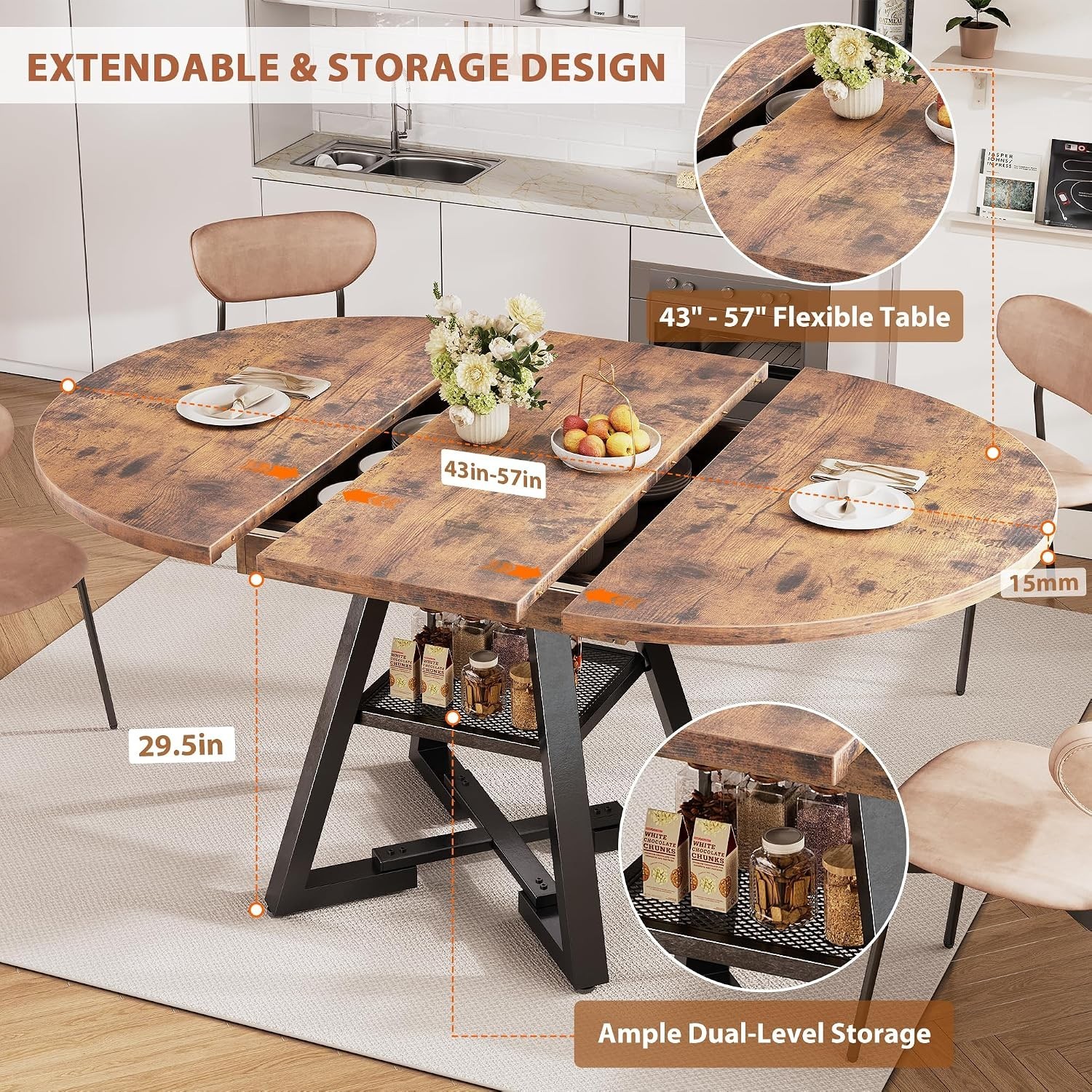 Round Oval Extendable Wood Dining Table for 6 Mesa Comedor Redonda Extensible