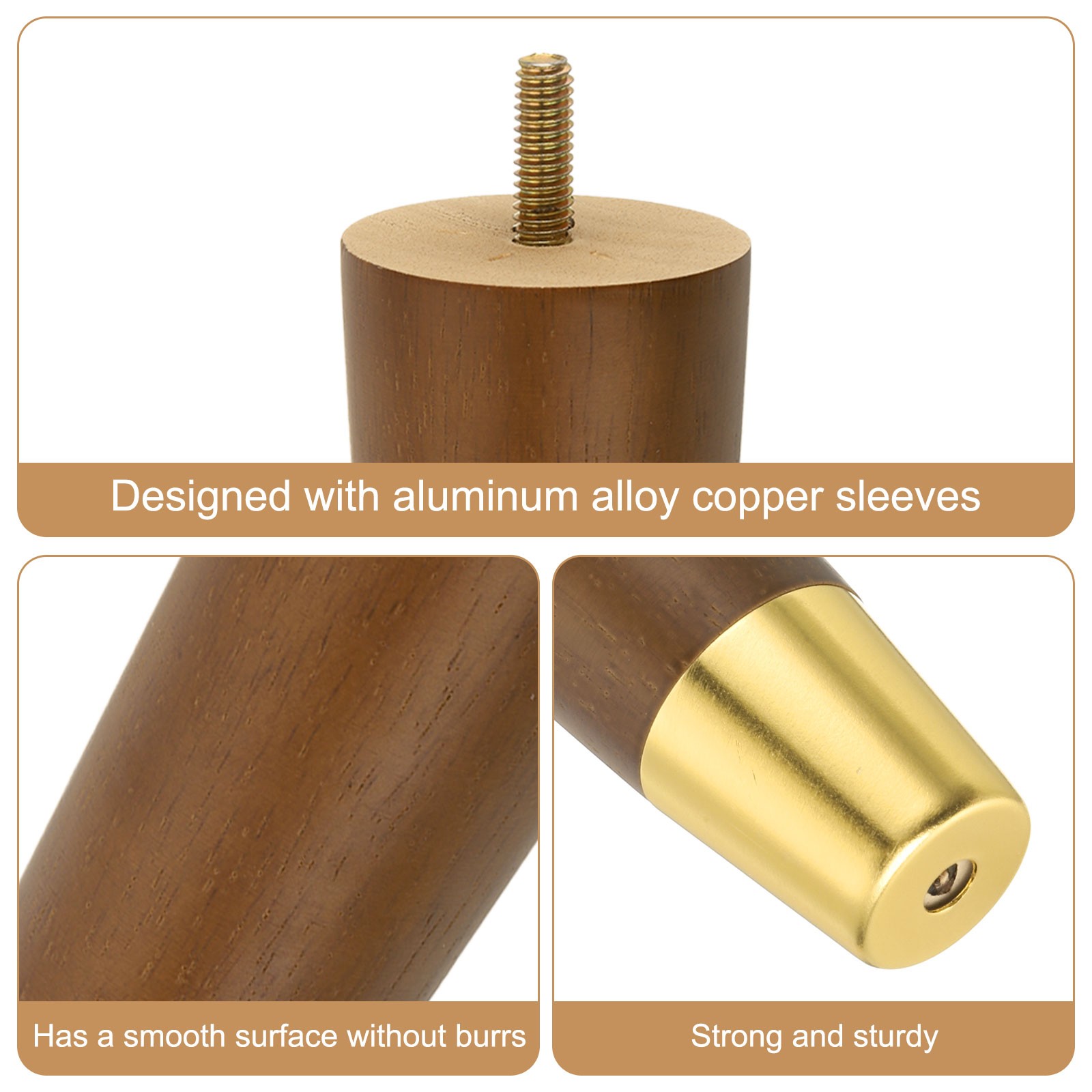 8 Inch Wood Furniture Legs, Set of 4 Round Replacement Furniture Feet, Brown