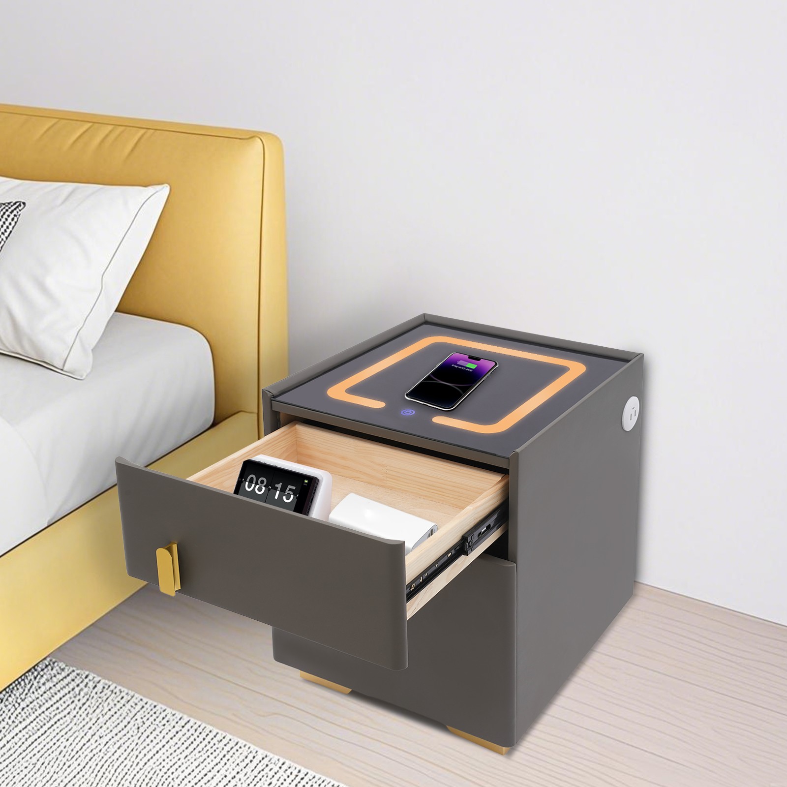 Phone Charging Bedside Cabinet, Dark Grey Bedside Table w/ Safe+Combination Lock