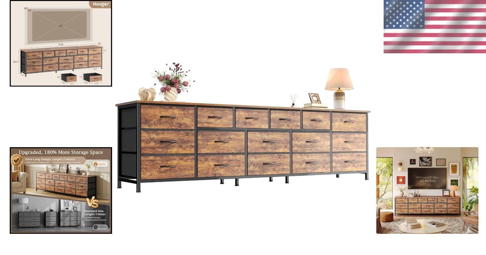 77.6 Inch Long Dresser with 16 Drawers & TV Stand in Rustic Brown Elegance