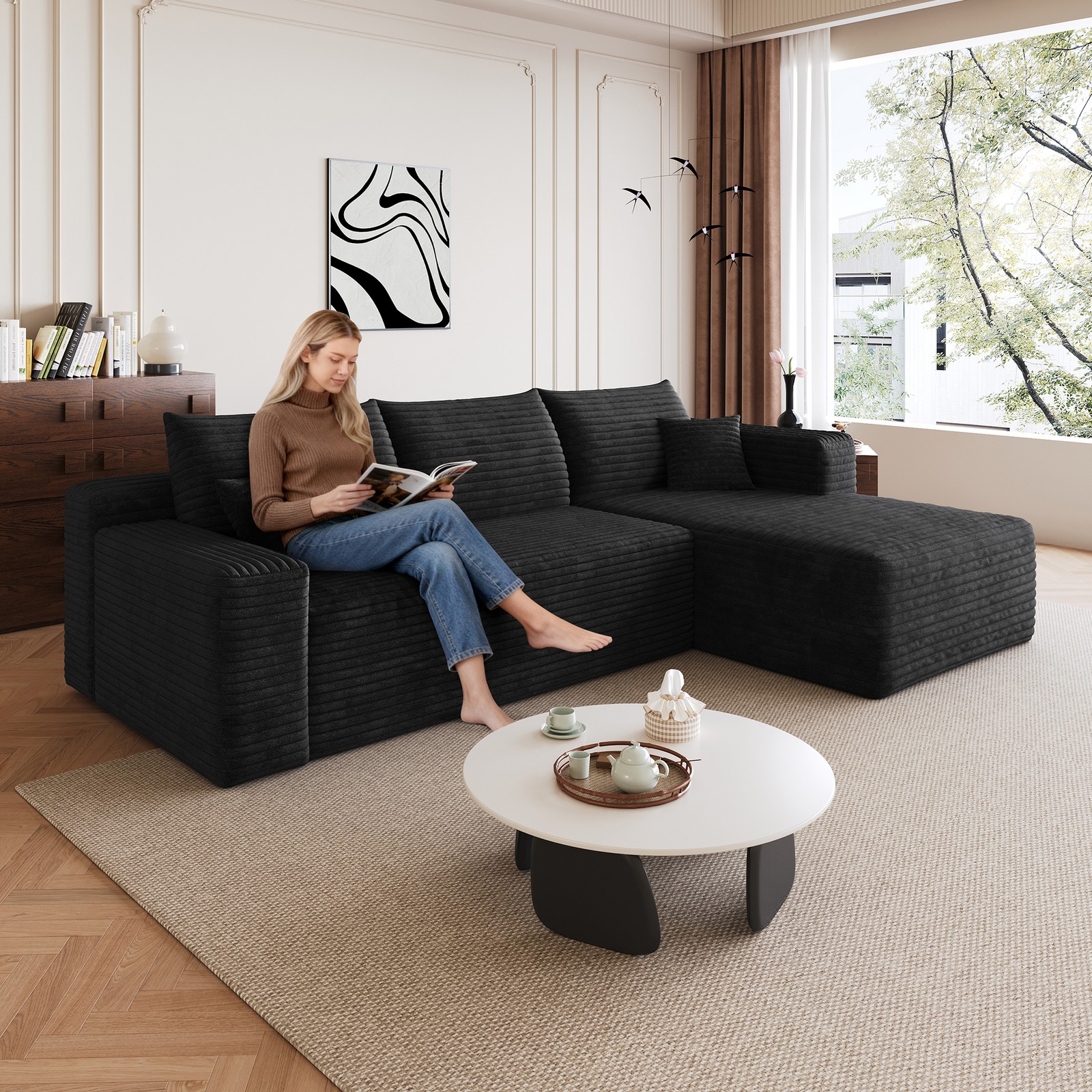 95 Inch Cloud Sectional Sofa U Shaped Deep Seat Modern Minimalist Couch Black