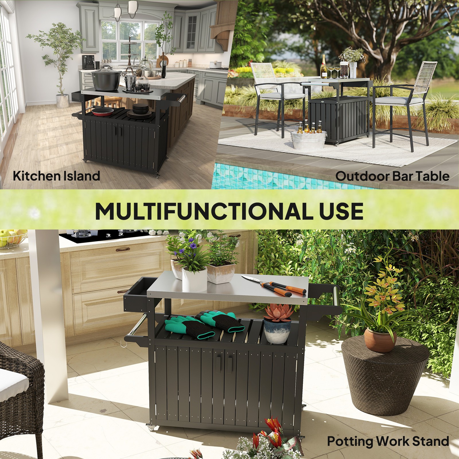 Outsunny Outdoor Bar Cart with Storage, HDPE Kitchen Cart, Black, Refurbished